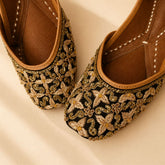 Black & Gold Handcrafted Embroidered Punjabi Jutti for Women | Luxury Ethnic Mojari | Festive & Wedding Footwear