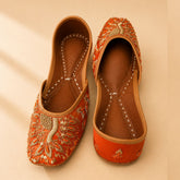 Handcrafted Orange Velvet Jutti with Zardosi Peacock Embroidery - Elegant Bridal & Festive Mojari