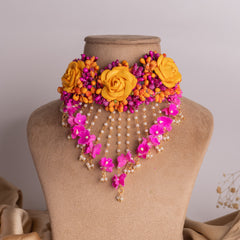 Yellow & Pink Floral Haldi Necklace with Pearls