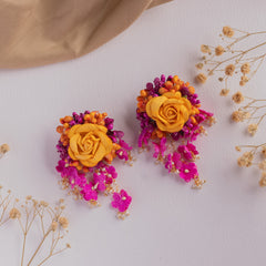 Yellow Floral Earrings & Maang Tikka with Pearl