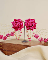 Pink Rose Earrings & Tikka with Pearl Chains