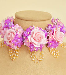 Purple and Pink Flower and Pearl Necklace
