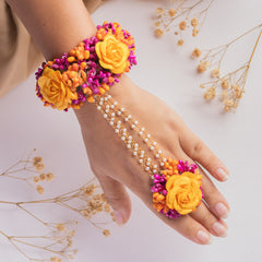 Floral Hathphool with Yellow Roses & Pearl Chains