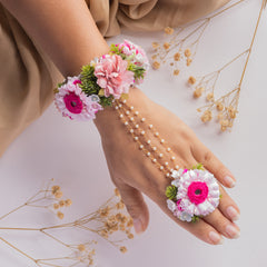 Pink Flower and Green Leaf Hathphool With Ring