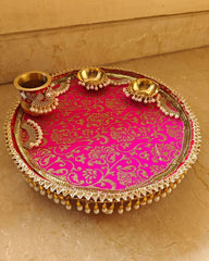 Traditional Pink and Gold Brocade Festival Thali with Golden Bowls