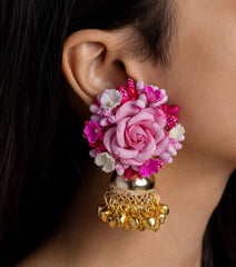Floral Jhumka Earrings with Pink Rose Design