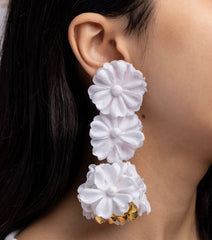 White Floral Jhumka Earrings With Golden Bells