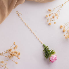 Pink Floral and Green Leaf Maang Tikka and Earrings