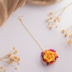 Yellow Floral Earrings & Maang Tikka with Pearl
