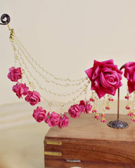 Pink Rose Earrings & Tikka with Pearl Chains