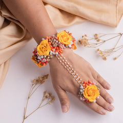 Yellow Rose Floral Jewelry Set Includes a Beautifully Necklace, Tikka, Earrings and Hathphool,