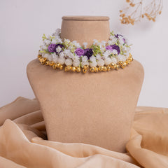 Beautiful White and Purple Flowers Jewelry Set With Golden Bells