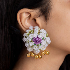 Beautiful White and Purple Flowers Jewelry Set With Golden Bells