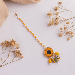 Yellow Shell & Bead Statement Earrings & Maang Tikka
