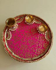 Traditional Pink and Gold Brocade Festival Thali with Golden Bowls