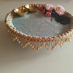 Pearl-Embellished Floral Festival Thali with Golden Bowls