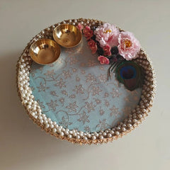 Pearl-Embellished Floral Festival Thali with Golden Bowls