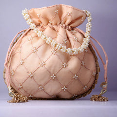 Peach Flower Bridal Potil Bag with Bead Work
