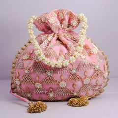 Peach Flower Bridal Potil Bag with Bead Work