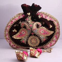 Dark Reddish Velvet Embroidery Hand Bag