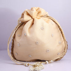 Beautiful Fine Handcrafted Golden Zar-Dousi Work Traditional Wedding Potli Bag