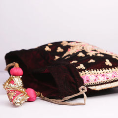 Dark Reddish Velvet Embroidery Hand Bag