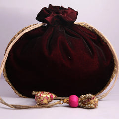Dark Reddish Velvet Embroidery Hand Bag