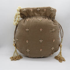 Coffee Velvet Fabric Golden Tubelight Beaded Bag