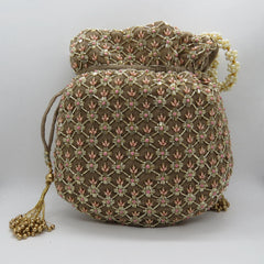 Coffee Velvet Fabric Golden Tubelight Beaded Bag