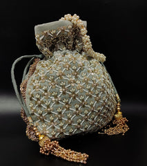 Gray Velvet Golden Tube Light Pearl Bead Potli Purse