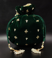 Green Velvet Golden Tube Light Pearl Bead Potli Purse