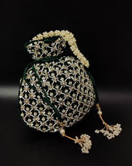 Green Velvet Golden Tube Light Pearl Bead Potli Purse