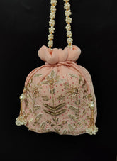 Peach Velvet Handbag With Embroidery