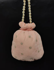 Peach Velvet Handbag With Embroidery