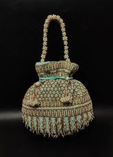 Sky Blue Velvet Fabric Pearl Motif Beaded Handbag