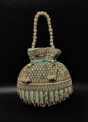 Sky Blue Velvet Fabric Pearl Motif Beaded Handbag