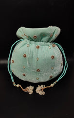 Sky Blue Velvet Fabric Pearl Motif Beaded Handbag