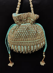 Sky Blue Velvet Fabric Pearl Motif Beaded Handbag