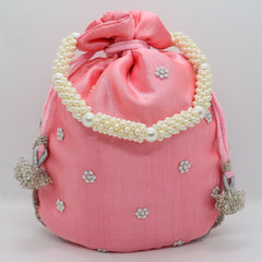 Handmade Silver Ribbon Lace Cut Work Gota Patti Embroidered Potli Bag