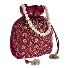 Hand Glass Bead Embellish Wine Velvet Woman Party Designer Potli