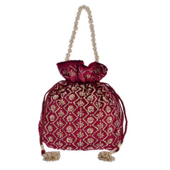 Hand Glass Bead Embellish Wine Velvet Woman Party Designer Potli