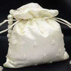 Pearl Bead Drawstring Pouch Bag With White Satin