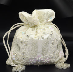 Pearl Bead Drawstring Pouch Bag With White Satin