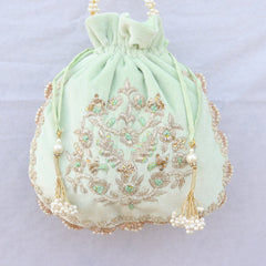 Light Golden Pistachio Green Bag with Zardozi Embroidery