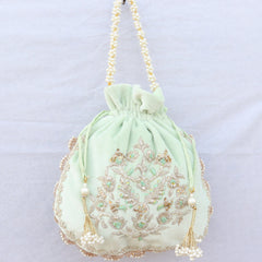 Light Golden Pistachio Green Bag with Zardozi Embroidery