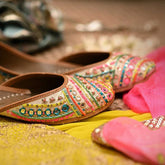 Multi Colored Mirror on Ivory Jacquard Ethnic Jutti