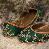 Handmade Green Silk Leather Punjabi Juttis