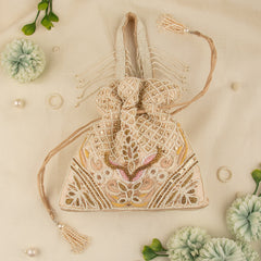 Gorgeous Silk Bridal Party Purse With Floral Embroidery and Pearl Motif