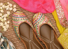 Multi Colored Mirror on Ivory Jacquard Ethnic Jutti