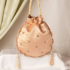 Rose Gold Leaf Zardozi Embroidery Satin Potli Bag for Woman